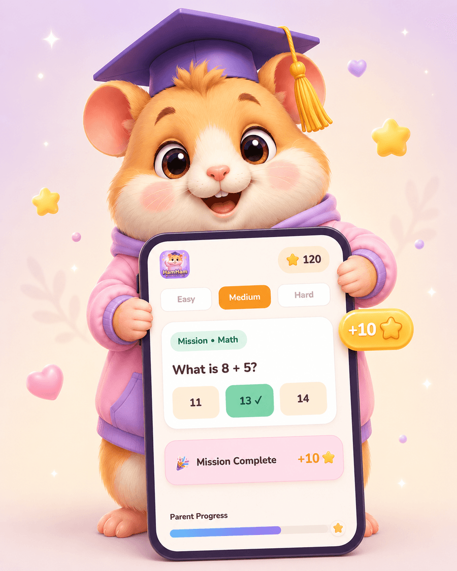 HamHam the hamster, wearing a graduation cap, happily holding a phone that shows a HamHam learning mission — a math question answered correctly and a completed mission reward.