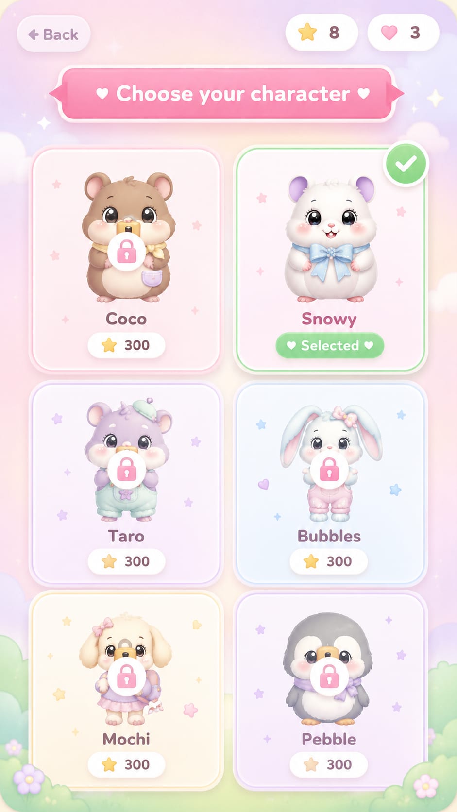 Character select screen with collectable characters