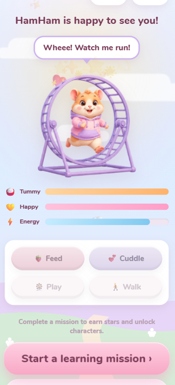 HamHam care screen with Tummy, Happy and Energy meters and Feed, Cuddle, Play and Walk buttons