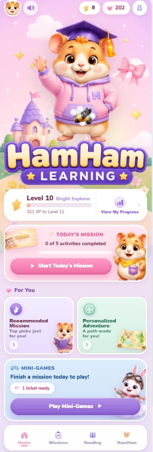 HamHam Learning home dashboard with a Level 10 progress bar, Today's Mission card, For You recommendations, and a Mini-Games card