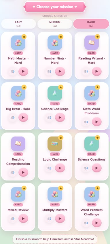 Mission select screen with Easy, Medium and Hard tabs